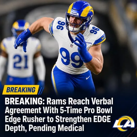 Cover Image for 🚨 BREAKING: The Rams may have just made a major move to strengthen their defense.  According to emerging reports, Los Angeles has reached a verbal agreement with a 5-time Pro Bowl edge rusher, though the deal is still pending a final medical evaluation. 👀🐏  If everything checks out, the addition could provide valuable depth and veteran leadership to a Rams pass rush that is already generating plenty of excitement heading into the new season. The move has fans wondering whether this is simply a depth signing—or a signal that the front office believes a championship run is within reach.  The veteran’s résumé speaks for itself, but questions remain about his health, role, and potential impact in Sean McVay’s defense.  👇 Full details, fan reactions, and what this signing could mean for the Rams’ playoff hopes are in the comments!