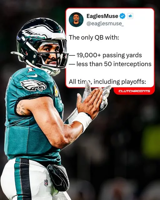 Cover Image for 🦅🔥 JALEN HURTS IS MAKING HISTORY IN PHILADELPHIA  While critics continue to debate where he ranks among the NFL’s elite quarterbacks, Jalen Hurts keeps doing one thing better than almost anyone else: winning and protecting the football.  Now, the Eagles superstar has reportedly reached another remarkable milestone, becoming the first quarterback to surpass 19,000 career passing yards while maintaining fewer than 50 interceptions. It’s a testament not only to his talent but also to his decision-making, leadership, and ability to avoid costly mistakes.  From MVP conversations to playoff runs and a Super Bowl championship, Hurts continues adding achievements to an already impressive résumé.  👀 Is he quietly building a Hall of Fame-caliber career in Philadelphia?  👇 Full stats, fan reactions, and what this historic accomplishment means are in the comments!