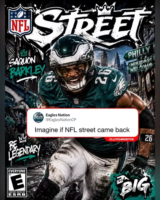 Cover Image for 🏈🔥 SAQUON BARKLEY ON THE COVER OF NFL STREET? NOW THAT WOULD BE LEGENDARY.  Some players are built for highlight reels. Others are built for video game covers. Saquon Barkley somehow feels made for both.  The explosive cuts. The hurdle moves. The broken tackles. The jaw-dropping plays in open space. Every time he touches the football, it feels like something special could happen. That’s exactly the kind of energy that made NFL Street one of the most beloved football games ever.  Imagine a cover featuring Saquon in mid-air, defenders reaching helplessly as he turns another routine play into a viral highlight. 😳🔥  🦅 The style. ⚡ The explosiveness. 🎮 The street-football swagger.  If NFL Street ever made a comeback, would there be a better face for the franchise?  👇 Who would be on your dream NFL Street cover alongside Saquon Barkley?