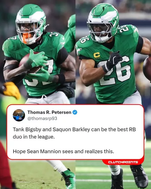 Cover Image for 🦅🔥 COULD THIS BE THE NFL’S MOST DANGEROUS BACKFIELD?  The Eagles already have one of football’s most explosive offenses, but the combination of Saquon Barkley and Tank Bigsby could take things to another level.  Barkley brings elite vision, experience, and game-breaking ability every time he touches the ball. Bigsby adds fresh legs, physical running, and the kind of energy that can wear down defenses over four quarters. Together, they could give Philadelphia the perfect balance between durability and explosive playmaking.  🏈 Need a tough yard? They’ve got it. ⚡ Need a big play? They’ve got that too. 🦅 Need to control a game late? Few teams may be better equipped.  Could this duo become the foundation of another Eagles championship run?  👇 Eagles fans, how many combined rushing yards do you think they can produce this season?