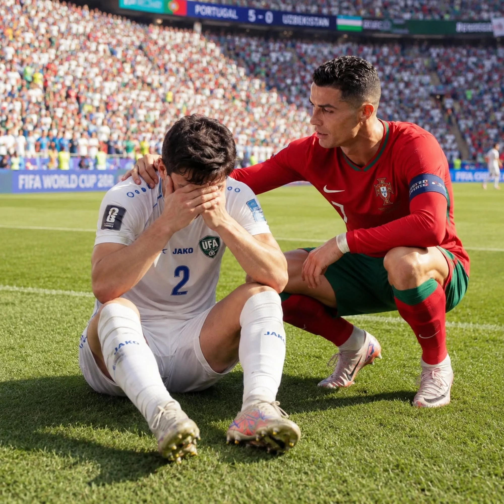 Cover Image for UM GESTO QUE FEZ O MUNDO PARAR: CRISTIANO RONALDO ABANDONA A FESTA DE PORTUGAL PARA CONSOLAR ABDUKODIR KHUSANOV APÓS A GOLEADA POR 5–0