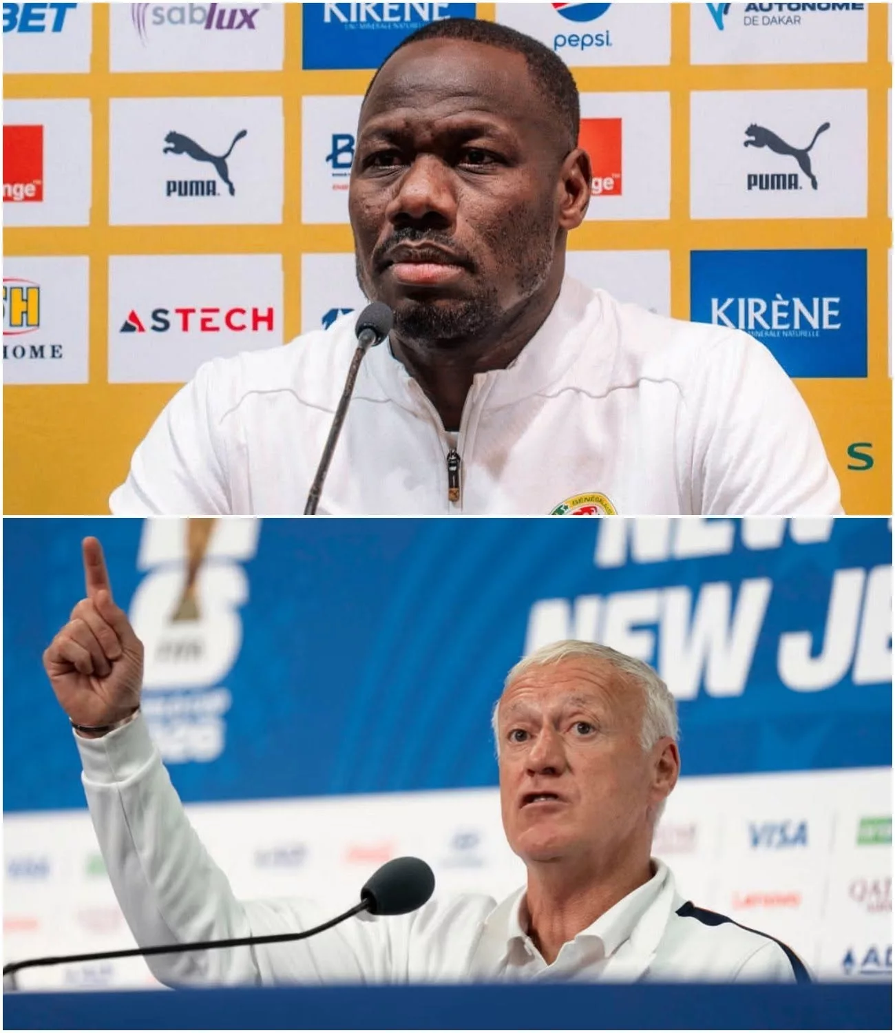 The image features two football coaches at press conferences, discussing their teams and strategies, with a focus on the