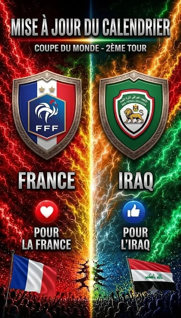 Cover Image for NOUVEL HORAIRE DE COUP D’ENVOI ANNONCÉ — Le programme de diffusion du match entre l’équipe de France et l’Irak, lors de la deuxième journée de la Coupe du monde, a été modifié.