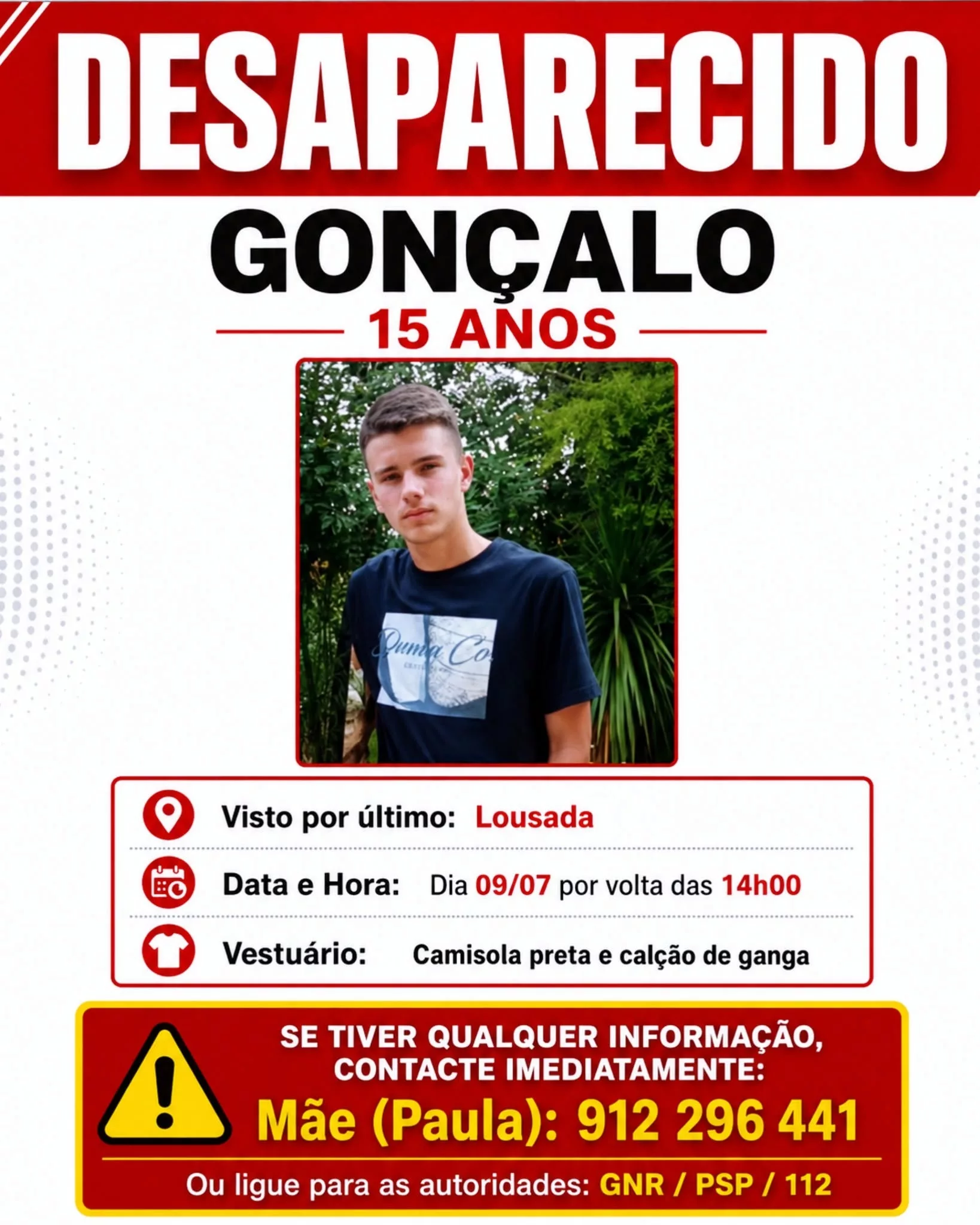 Cover Image for 🚨 DESAPARECIDO | A PROCURA POR GONÇALO MOREIRA MOBILIZA FAMÍLIA, AMIGOS E COMUNIDADE: “CADA PARTILHA PODE FAZER A DIFERENÇA”