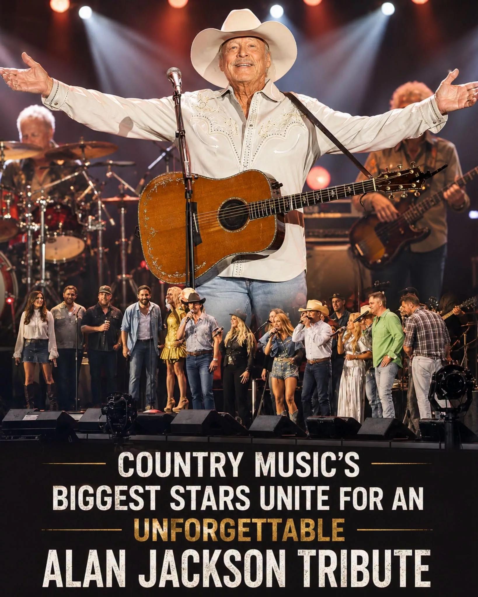 Cover Image for MORE THAN 10 COUNTRY STARS SANG ALAN JACKSON’S SONGS BEFORE HE WALKED ONSTAGE TO SING THEM ONE LAST TIME HIMSELF.