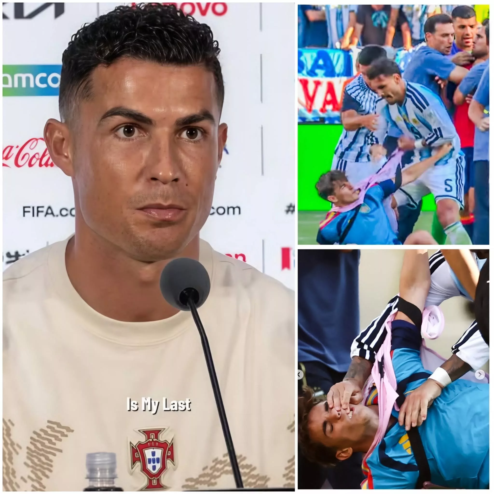 Cover Image for O capitão português Cristiano Ronaldo quebra o silêncio e comenta a briga que aconteceu em campo após a final do Mundial: o astro argentino Leandro Paredes estrangulou e socou jogadores espanhóis depois do apito final.