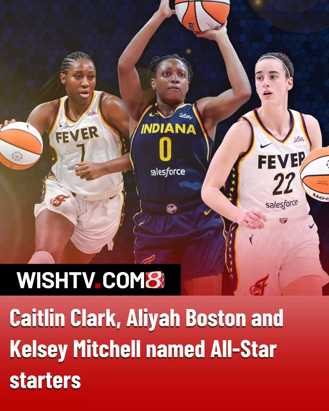 Cover Image for The Fever’s star trio of Caitlin Clark, Aliyah Boston, and Kelsey Mitchell have all been named All-Stars for the third straight year.