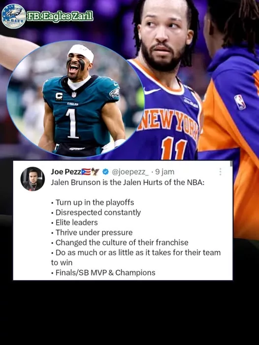 Cover Image for 🦅🏀 The Jalen Hurts–Jalen Brunson comparison is gaining traction, and Eagles fans are loving it.  Both stars have spent their careers hearing they weren’t “good enough,” only to answer the criticism with leadership, resilience, and winning. Rather than chasing individual accolades, they’ve built reputations for stepping up in the biggest moments and transforming the culture of their teams. It’s that championship mentality—not just the stats—that has so many fans drawing parallels between the two.  Whether you agree or not, the comparison has sparked plenty of debate among football and basketball fans alike.  👇 Do you see the similarities between Jalen Hurts and Jalen Brunson, or is the comparison a stretch?