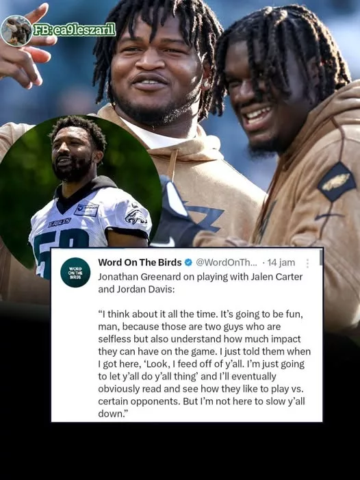 Cover Image for 🦅💪 Championship defenses aren’t built on individual stars—they’re built on players making each other better.  Imagine an Eagles defensive front where Jalen Carter and Jordan Davis command constant double teams in the middle, freeing an edge rusher like Jonathan Greenard to attack one-on-one off the edge. That’s the kind of balance every defensive coordinator dreams about. No one has to chase stats when the entire front is creating chaos for opposing offenses.  If all three were ever lining up together, offensive lines would have nightmares trying to figure out who to block.  👇 Would this be the most dominant defensive front in the NFL, or is there another trio you’d take over them?