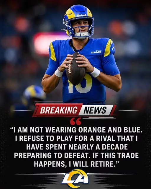 Cover Image for 🚨 BREAKING: A shocking development is sending Rams fans into a frenzy! 😱 A longtime cornerstone of the Los Angeles Rams has reportedly reacted strongly to rumors linking him to a trade with the rival San Francisco 49ers.  According to sources, the star veteran made his feelings crystal clear, reportedly saying, “I’m not wearing red and gold.” 😳 Even more surprising, he is said to be willing to accept a significant pay cut just to remain in Los Angeles after learning that he may no longer be part of the team’s long-term plans.  The situation has sparked intense speculation across the NFL, with fans wondering whether this is the beginning of an emotional breakup or if the Rams will find a way to keep one of the franchise’s most respected leaders.  Who is the player at the center of the drama, and what happens next could change the future of the Rams? 👀👇🔥