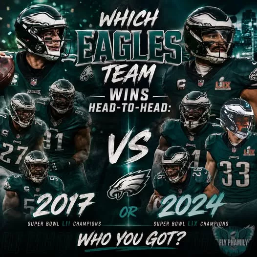 Cover Image for 🦅 Two Super Bowl champions. One impossible debate.  Which Eagles team would come out on top if they met on a neutral field—the legendary 2017 underdogs or the dominant 2024 powerhouse?  Would you trust MVP-caliber Carson Wentz to lead the 2017 squad, or would you stick with playoff hero Nick Foles? And could they slow down an offense featuring Jalen Hurts, Saquon Barkley, A. J. Brown, and DeVonta Smith behind another dominant offensive line?  It’s a clash of two unforgettable eras, two championship cultures, and two teams built to dominate in completely different ways.  So, who wins the ultimate Eagles showdown—and why? Drop your pick below! 👇🦅 #FlyEaglesFly #Eagles #NFL #SuperBowl