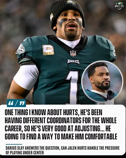 Cover Image for 🦅 When Darius Slay talks about Jalen Hurts, Eagles fans pay attention. Having shared the locker room with Hurts for years, Slay knows exactly what kind of leader the Eagles have under center. Recently, the veteran cornerback offered his perspective on how Hurts handles the pressure that comes with being Philadelphia’s franchise quarterback—and his comments only reinforced why teammates continue to believe in him. From high expectations to the brightest stages, Hurts has consistently remained composed when the spotlight is at its brightest. 👇 What did Slay say about Hurts, and why does it matter as the Eagles prepare for another championship run? Full story in the comments!