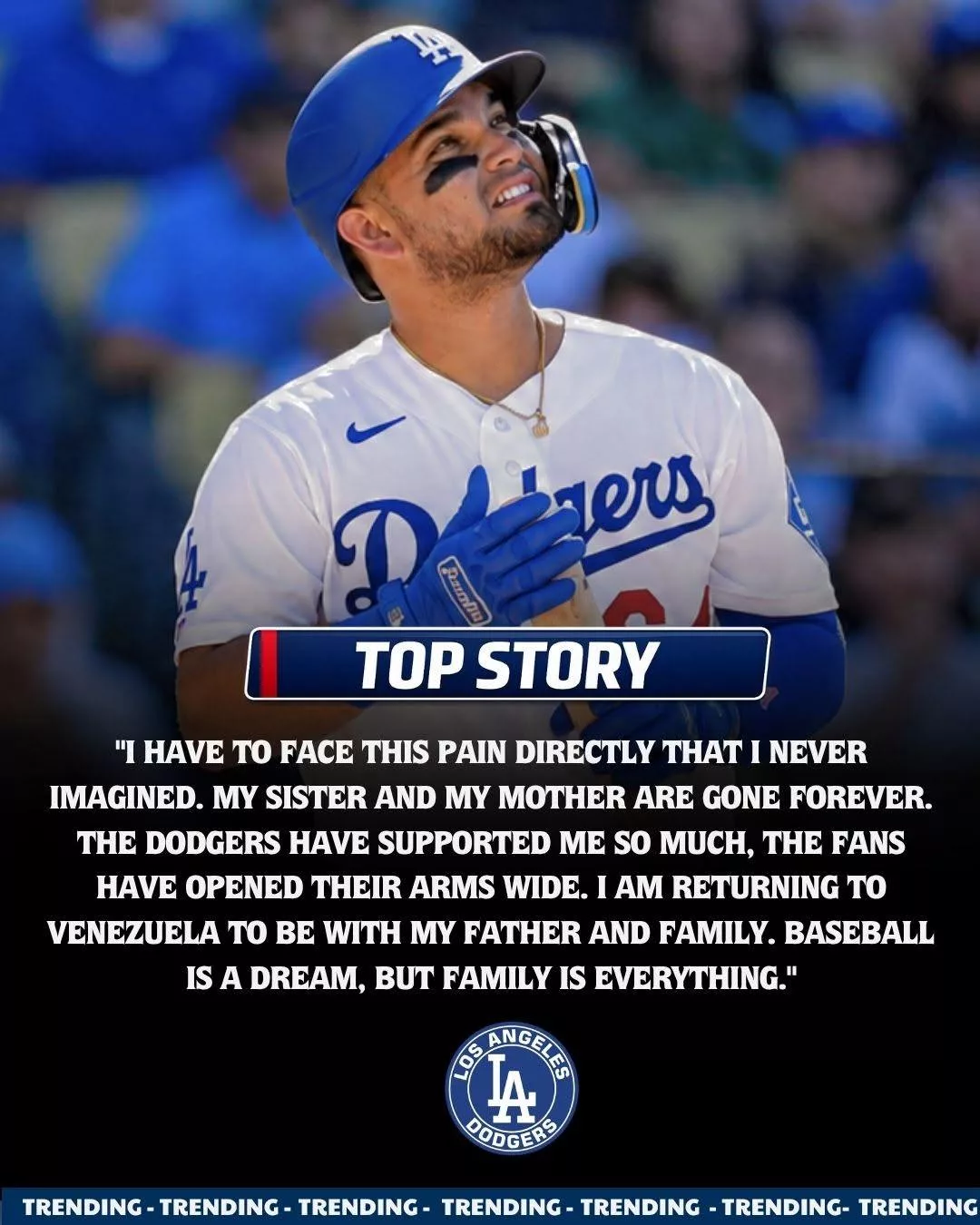 Cover Image for Eliezer Alfonzo Jr. Returns to Venezuela After Earthquake Tragedy: “I Have to Face This Pain Directly…” – Dodgers Immediately Send Humane Message and Support