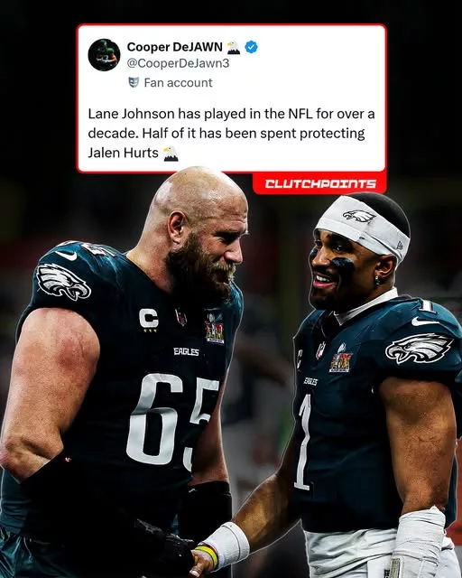 Cover Image for 🦅 Great quarterbacks need great protection—and Jalen Hurts has had exactly that thanks to Lane Johnson. For more than a decade, Lane Johnson has been the cornerstone of Philadelphia’s offensive line, and for half of that time he’s helped keep Jalen Hurts upright as the Eagles evolved into one of the NFL’s most dangerous offenses. His elite pass protection, leadership, and consistency have made him one of the greatest right tackles of his generation and a major reason behind the Eagles’ sustained success. As Hurts continues chasing championships, having No. 65 protecting his blind side remains one of Philadelphia’s biggest advantages. 👇 Is Lane Johnson the greatest offensive lineman in Eagles history?