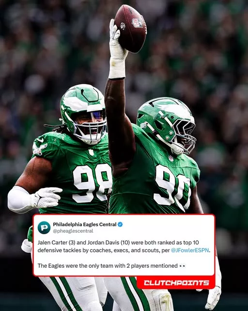 Cover Image for 🦅💪 The Eagles’ dominance starts in the trenches—and the numbers back it up. With Jalen Carter and Jordan Davis both earning spots in ESPN’s top 10 defensive tackle rankings based on votes from NFL executives, coaches, and scouts, Philadelphia has further cemented its reputation as one of the league’s most intimidating defensive fronts. Carter’s explosive pass-rushing ability paired with Davis’ overwhelming power against the run gives the Eagles a rare combination that few teams can match. If both stars continue to develop, Philadelphia’s interior defensive line could become the foundation of another championship-caliber defense. 👇 Is Carter and Davis the best defensive tackle duo in the NFL, or is there another tandem you’d rank ahead of them?