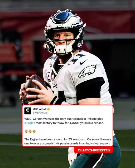 Cover Image for 🦅📖 Love him or hate him, Carson Wentz still owns one of the most remarkable records in Eagles history.  Back in 2019, Wentz threw for 4,039 passing yards, becoming the first—and still the only—quarterback in franchise history to surpass the 4,000-yard mark in a single season. Considering the legendary quarterbacks who have worn midnight green, that’s an incredible achievement that continues to stand the test of time.  Records are made to be broken, but years later, Wentz’s place in the Eagles’ record book remains untouched.  👇 Who do you think will be the next Eagles quarterback to throw for 4,000 yards in a season—Jalen Hurts or someone else in the future?