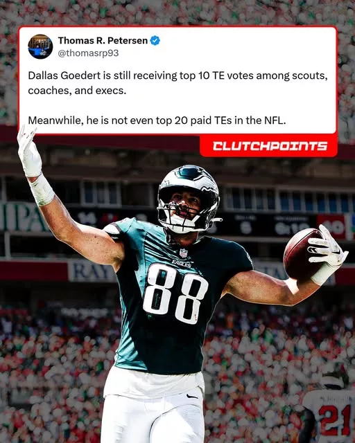 Cover Image for 🦅💰 Dallas Goedert may be one of the biggest bargains in the NFL.  Despite earning top-10 recognition from NFL executives, coaches, and scouts, the Eagles’ veteran tight end is reportedly paid outside the league’s top 20 at his position. That gap says everything about how valuable Goedert has been to Philadelphia. Whether it’s making tough catches over the middle, blocking in the run game, or delivering in clutch moments, he continues to outperform his contract year after year.  For a team with Super Bowl ambitions, having an elite-caliber tight end on a team-friendly deal could be one of the Eagles’ biggest advantages.  👇 Is Dallas Goedert the most underrated tight end in football, or does another player deserve that title?