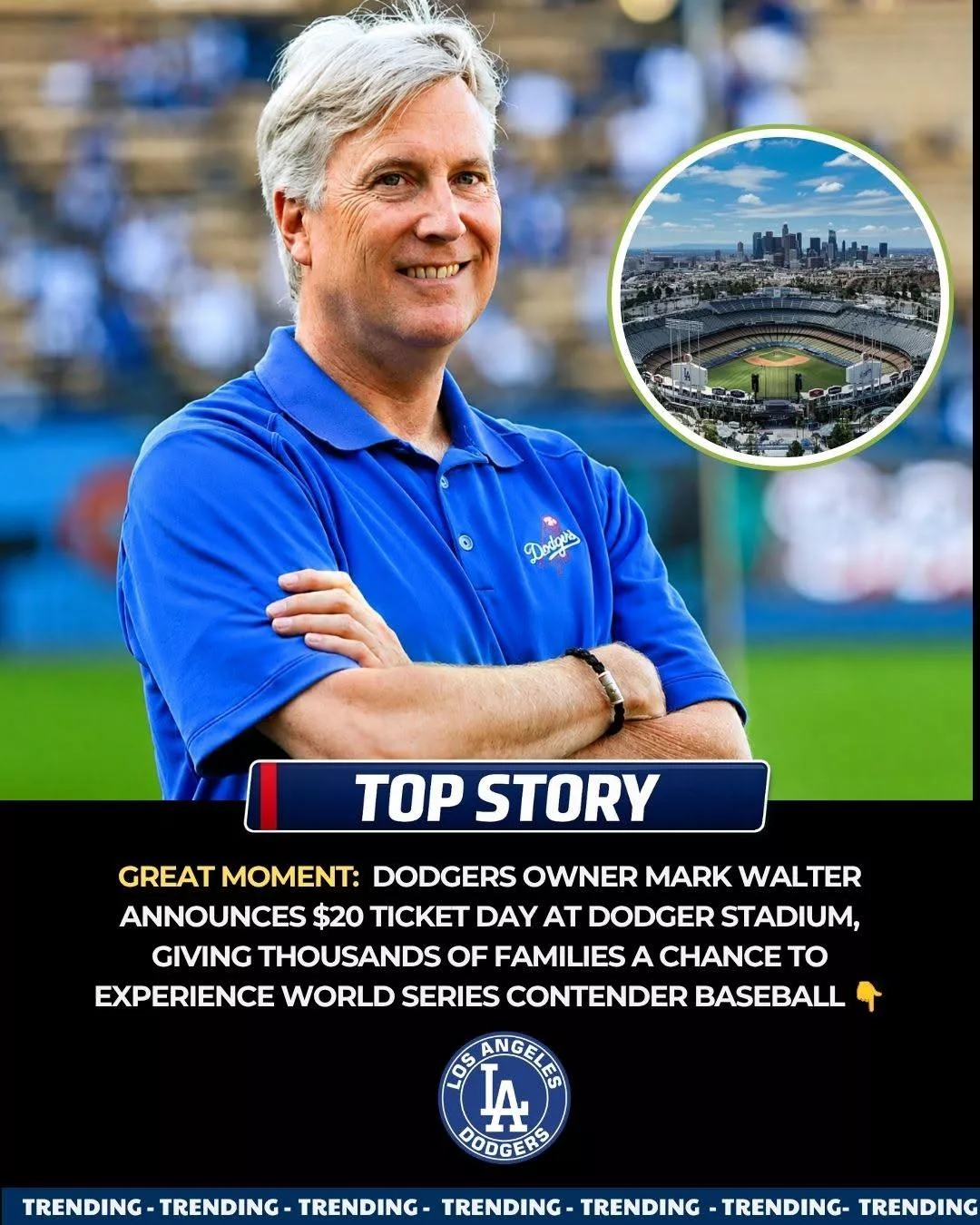 Cover Image for GREAT MOMENT: Dodgers Owner Mark Walter Announces $20 Ticket Day at Dodger Stadium, Giving Thousands of Families a Chance to Experience World Series Contender Baseball
