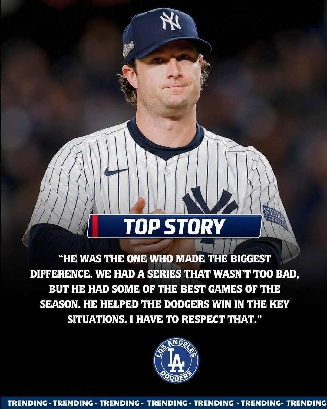 Cover Image for Yankees Superstar Gerrit Cole Leaves New York Speechless as He Tips His Cap in Awe at Dodgers Superstar: “He Was the One Who Made the Biggest Difference” – A Rare Moment of Respect That Has All of MLB Bowing in Admiration
