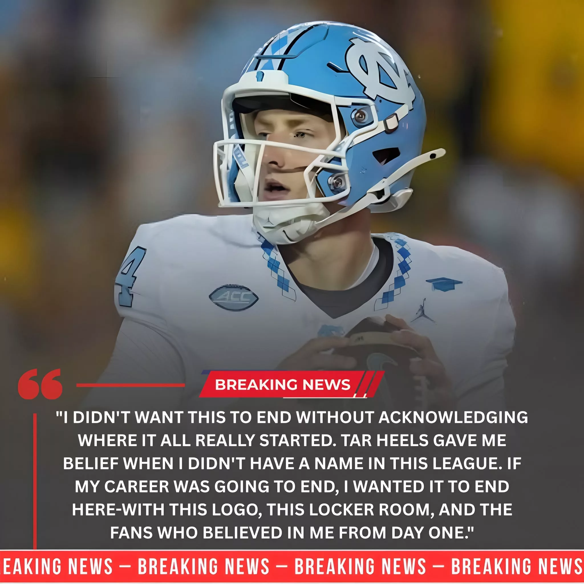 Cover Image for A North Carolina Tar Heels football former “comes home,” signs a one-day honorary contract to retire in North Carolina colors at age 22 after being rejected by his new team due to a career-ending injury and having his NIL deal terminated. He sends an emotional message to all of Tar Heel Nation.
