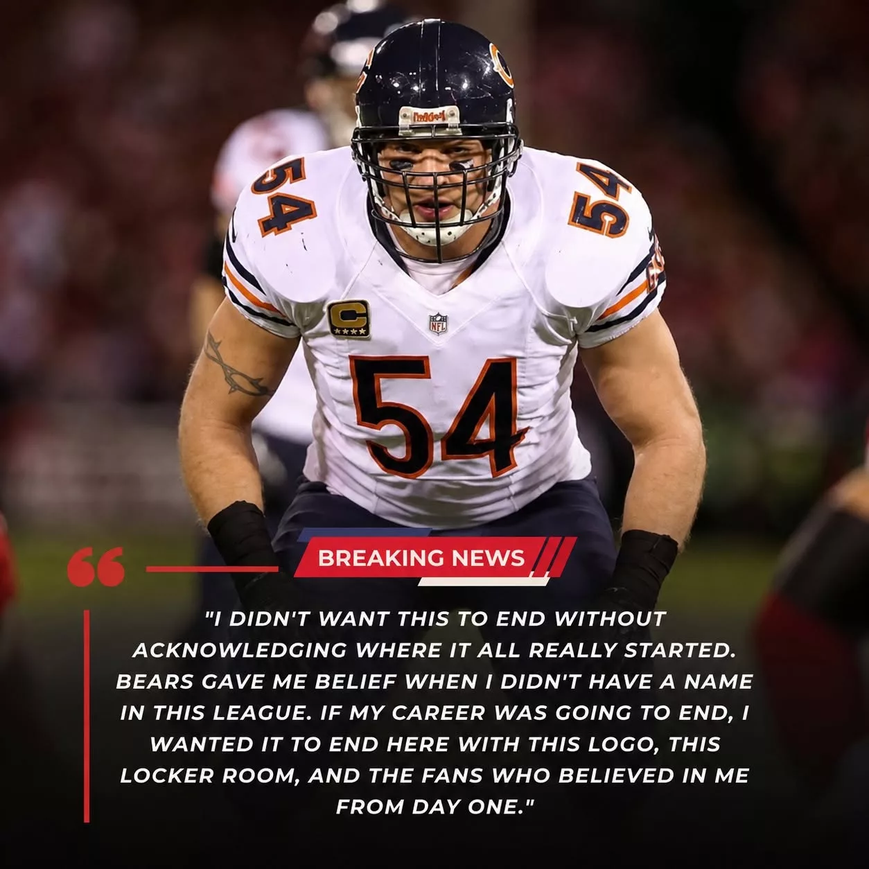 Cover Image for FINAL MOMENT: Chicago Bears legend “comes home,” signs a one-day contract to retire in a Bears uniform at age 48 after his championship dreams faded: “The Bears will forever be my home.”