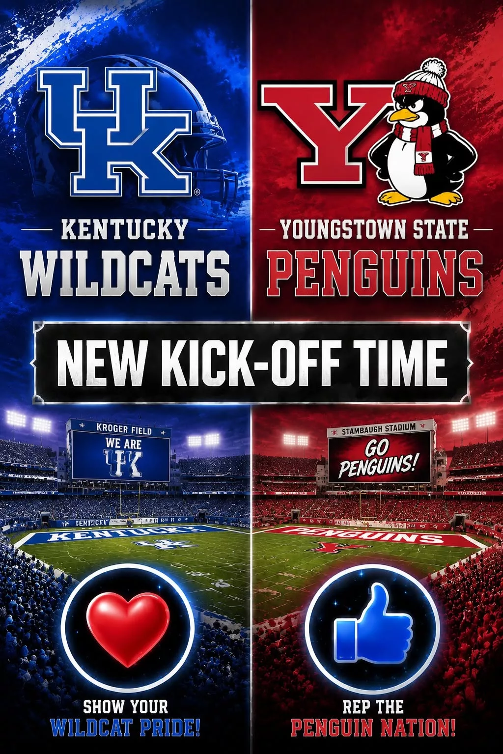 Cover Image for “CANCEL YOUR SATURDAY PLANS!” — College Football Drops a Schedule Bomb: Kentucky Wildcats Football vs. Youngstown State Penguins Set to Shake the Season