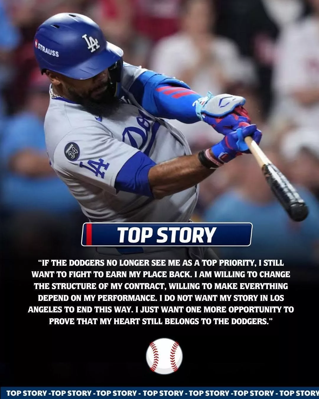 Cover Image for Just 12 Hours After Learning He May No Longer Be Part of the Plan, Dodgers’ $64 Million Veteran Outfielder Is Willing to Restructure His Contract — All for One More Chance to Stay in Los Angeles