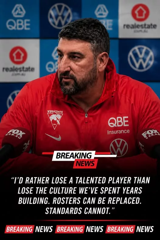Cover Image for 🚨🏉 BREAKING: Sydney Swans Send a Powerful Message After Shock Decision Involving a Young Star  Tension is reportedly rising around the Sydney Swans after a young player allegedly questioned the standards being demanded during Dean Cox’s training camp. 😳  What happened next has sparked plenty of discussion, with the club reportedly making a bold and ruthless decision that immediately sent a message to the entire playing group.  The situation has left fans asking whether the youngster simply crossed a line — or whether there is something deeper happening behind the scenes.  Why did the Swans react so strongly?  What exactly was said about Cox’s training standards?  And most importantly, what decision did Sydney make that could have major consequences for the young star’s future? 👀🔥  The full story is raising more questions than answers… 👇