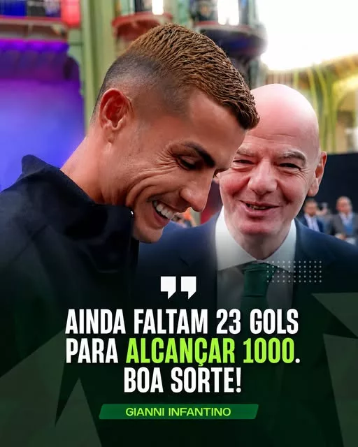 Cover Image for 🚨🐐 GIANNI INFANTINO DEIXA CRISTIANO RONALDO COM UMA MISSÃO CADA VEZ MAIS PERTO! 👀⚽ Durante um encontro em Paris, Gianni Infantino deixou uma mensagem especial a Cristiano Ronaldo que rapidamente chamou a atenção dos fãs: “Ainda precisas de mais 23 golos para chegar aos 1.000. Boa sorte!” 🐐🔥 A frase parece simples, mas representa algo gigantesco: Ronaldo está cada vez mais perto de uma das marcas mais impressionantes da história do futebol. Agora fica a grande pergunta: 👀 Quando será que o português vai marcar o tão aguardado golo 1.000? Será que conseguirá alcançar este número ainda nesta temporada? Milhões de fãs já estão a fazer as contas… e cada novo golo torna o momento ainda mais próximo. 🇵🇹❤️ A contagem regressiva começou oficialmente! 🔥