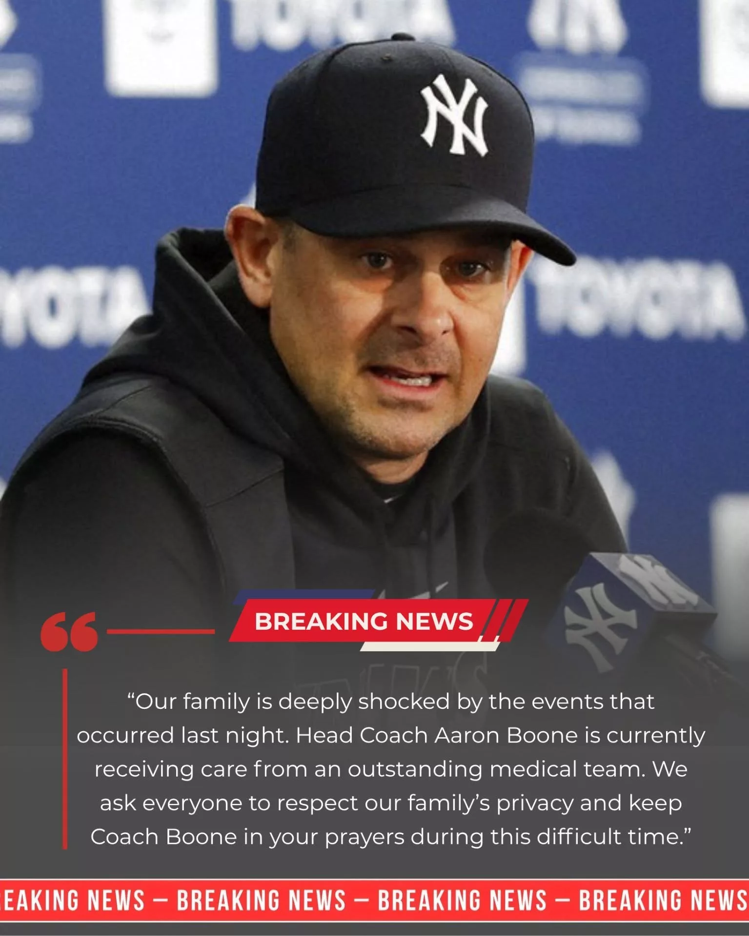 Cover Image for 💔 BREAKING NEWS AT NEW YORK YANKEES: MANAGER AARON BOONE SHARES A PERSONAL UPDATE THAT LEAVES YANKEES NATION DEEPLY CONCERNED
