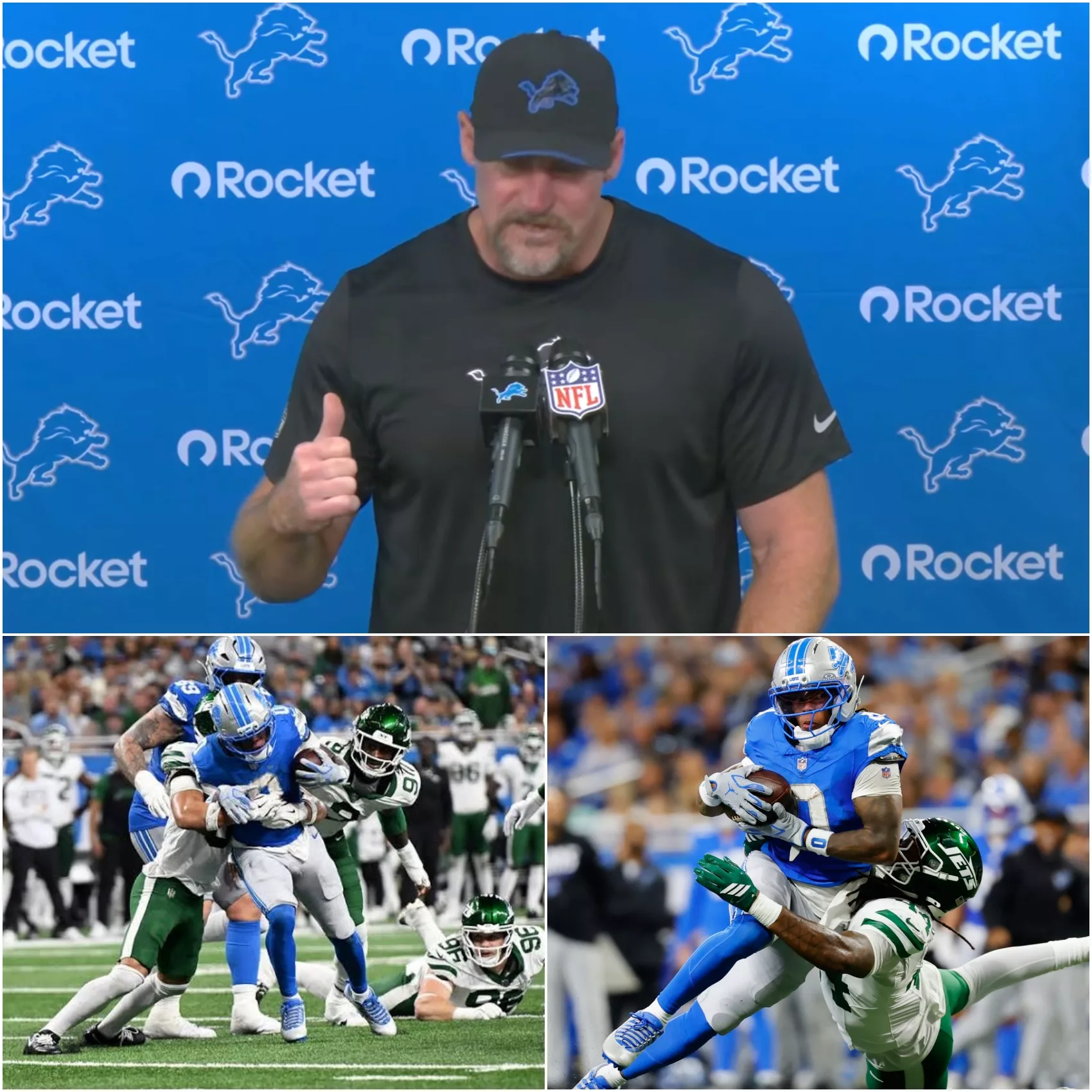 Cover Image for 🏈 DETROIT LIONS 31–24 NEW YORK JETS — DAN CAMPBELL DELIVERS STRONG POSTGAME MESSAGE
