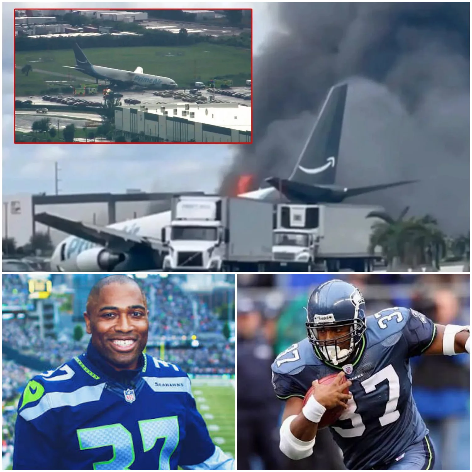 Cover Image for SAD NEWS: Seattle Seahawks legend Shaun Alexander and his 7-year-old son are portrayed as victims after a plane skids off a Miami runway and crashes into a parking lot in a horrific accident.