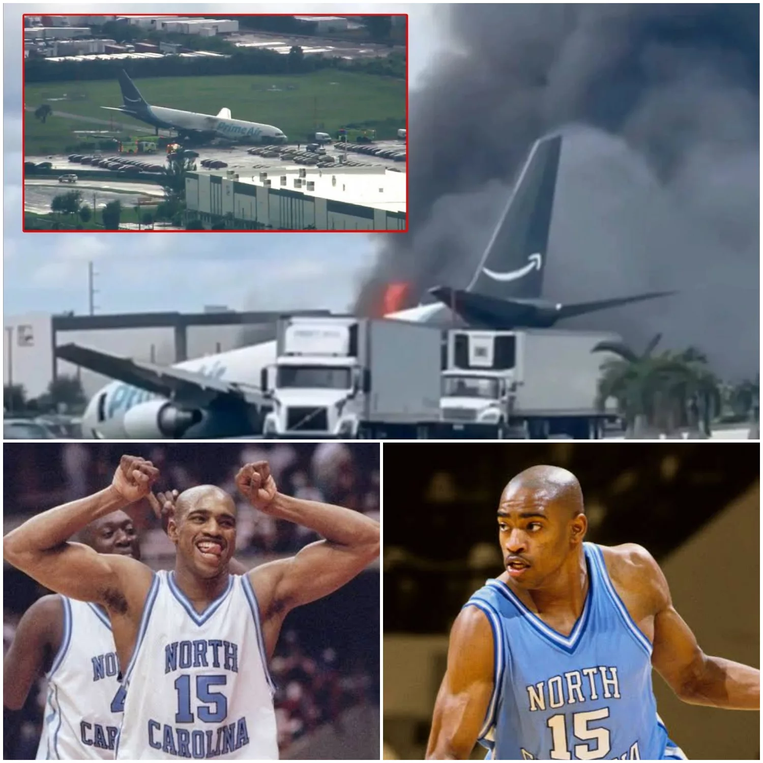 Cover Image for SAD NEWS: North Carolina Tar Heels legend Vince Carter and his 7-year-old son are portrayed as victims after a plane skids off a Miami runway and crashes into a parking lot in a horrific accident.