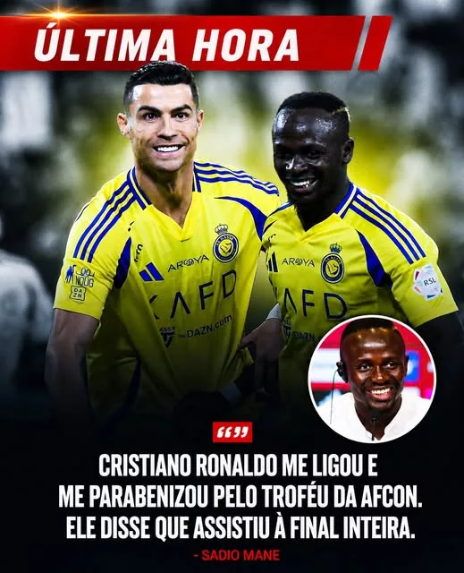 Cover Image for 🚨 CRISTIANO RONALDO FEZ ALGO QUE DEIXOU SADIO MANÉ EMOCIONADO… ❤️🇵🇹🇸🇳 Pouco depois da conquista da Taça das Nações Africanas pelo Senegal, uma ligação inesperada chamou a atenção dos fãs. Segundo Sadio Mané, Cristiano Ronaldo ligou-lhe pessoalmente para dar os parabéns — e revelou algo que ninguém esperava: tinha assistido à final inteira, em direto! 😳 Mas a história não terminou aí… Quando Mané regressou a Riade, Ronaldo teria preparado uma receção especial, com abraços calorosos e até um bolo personalizado para celebrar a conquista. 🎂🏆 Por trás da enorme competitividade de CR7 existe um lado que nem sempre aparece nas câmaras: respeito, amizade e admiração genuína por outros grandes atletas. Mas… o que Ronaldo disse naquela ligação? 👀👇