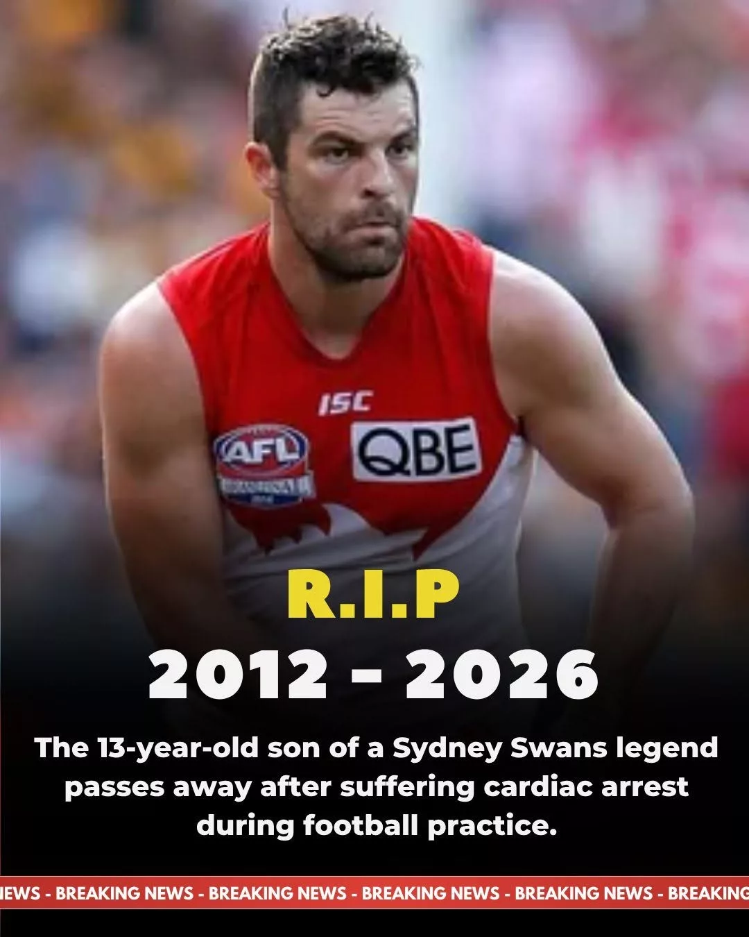 Cover Image for 💔 SAD NEWS: The Sydney Swans community has been left heartbroken after reports that the 13-year-old son of a club legend tragically passed away following a medical emergency during football training.