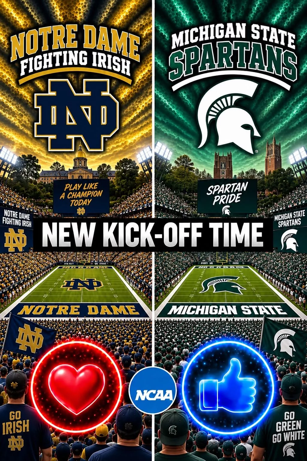 Cover Image for 🔥 “CANCEL YOUR SATURDAY PLANS!” — COLLEGE FOOTBALL DROPS A SCHEDULE BOMB: NOTRE DAME FIGHTING IRISH vs. MICHIGAN STATE SPARTANS SET TO SHAKE THE SEASON 🔥