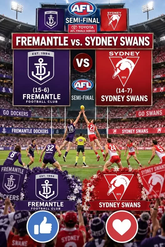 Cover Image for 🚨🏉 NEW BOUNCE TIME: SEVEN & FOX FOOTY HAVE JUST REVEALED A MAJOR UPDATE FOR THE SYDNEY SWANS vs FREMANTLE DOCKERS SEMI-FINAL! 👀🔥 A huge AFL showdown at the SCG is getting even more attention after Seven and Fox Footy confirmed an updated broadcast schedule for the high-stakes Sydney Swans vs Fremantle Dockers semi-final. With everything on the line, fans across Australia are now checking the latest details to make sure they don’t miss a single moment. 📺⚡ But there’s one detail about the updated schedule that has supporters talking… 👀 Why was the broadcast timing changed, and what does the new schedule mean for fans preparing for this massive clash? The SCG is set for another unforgettable night of finals football. 🔥 Sydney. Fremantle. One semi-final. Everything at stake. 👇 Check the updated broadcast details and get ready for the blockbuster!