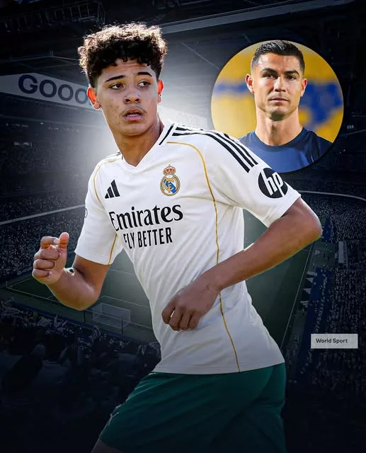Cover Image for 🚨 E SE O BERNABÉU VOLTASSE A OUVIR O NOME RONALDO… MAS DE UMA FORMA COMPLETAMENTE DIFERENTE? 👀🇵🇹  Imagine Cristiano Jr. entrando no lendário Santiago Bernabéu, vestindo a icônica camisa branca do Real Madrid. O estádio em silêncio. Um número nas costas. E um sobrenome que carrega décadas de história.  Foi naquele palco que Cristiano Ronaldo construiu uma parte gigantesca do seu legado, marcando 450 gols em 438 jogos e conquistando quatro Champions League pelo clube.  Agora, anos depois, surge uma imagem impossível de ignorar: o filho entrando no mesmo gramado, diante da mesma torcida, pronto para escrever a sua própria história.  Seria apenas um sonho dos fãs… ou o início de um novo capítulo da família Ronaldo em Madrid? 👀🐐