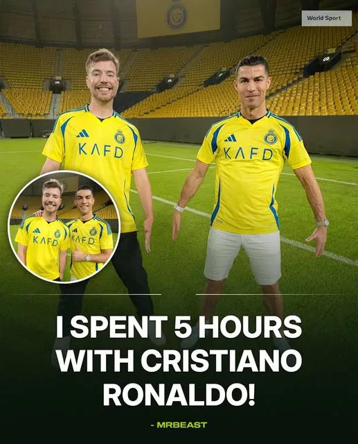 Cover Image for 👑 QUANDO O REI DO YOUTUBE ENCONTROU O REI DO FUTEBOL… O QUE ACONTECEU SURPREENDEU ATÉ MRBEAST! 😳⚽  MrBeast revelou detalhes de um encontro com Cristiano Ronaldo que, segundo ele, começou com apenas alguns minutos… mas acabou se transformando em horas dentro da casa de CR7.  “Passei 5 horas com Cristiano Ronaldo e foi surreal”, contou o criador.  Mas houve um momento que chamou ainda mais atenção. Ronaldo teria dito que MrBeast poderia ficar “o tempo que precisasse”.  E a história ficou ainda mais especial: uma camisa do Al-Nassr, um convite inesperado e uma recepção que deixou o YouTuber impressionado.  Mas o que realmente aconteceu durante essas 5 horas? 👀👇  A história completa abaixo…