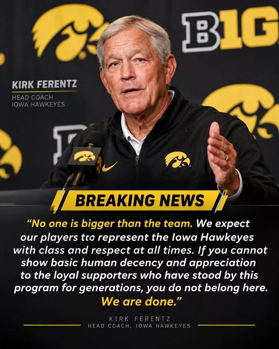 Cover Image for 🚨 KIRK FERENTZ AND IOWA HAWKEYES THRUST INTO SPOTLIGHT AS VIRAL “STAR PLAYER DISMISSED” STORY SPREADS