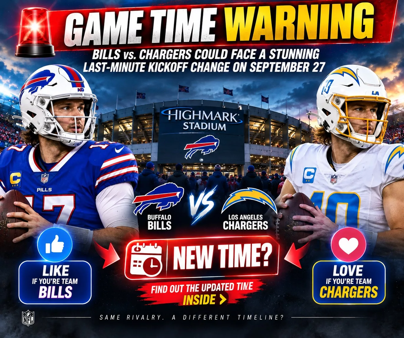 Cover Image for 🚨 GAME TIME WARNING: Bills vs. Chargers Could Face a Stunning Last-Minute Kickoff Change on September 27 — Why the Game May Be Delayed and When It Would Finally Get Underway