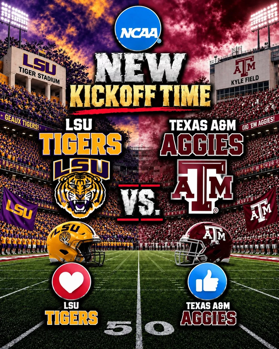 Cover Image for π¨ BREAKING β KICKOFF TIME SUDDENLY CHANGED: ESPN has just put college football fans on high alert after announcing a major last-minute adjustment to the broadcast schedule for the highly anticipated showdown between the LSU Tigers and Texas A&M Aggies. The unexpected change means supporters of both teams need to update their calendars immediately to make sure they donβt miss kickoff. With anticipation already building around this SEC matchup, ESPNβs latest scheduling announcement has quickly become a major talking point among fans. π₯ DONβT MISS IT β THE NEW KICKOFF TIME AND FULL UPDATED SCHEDULE ARE BELOW