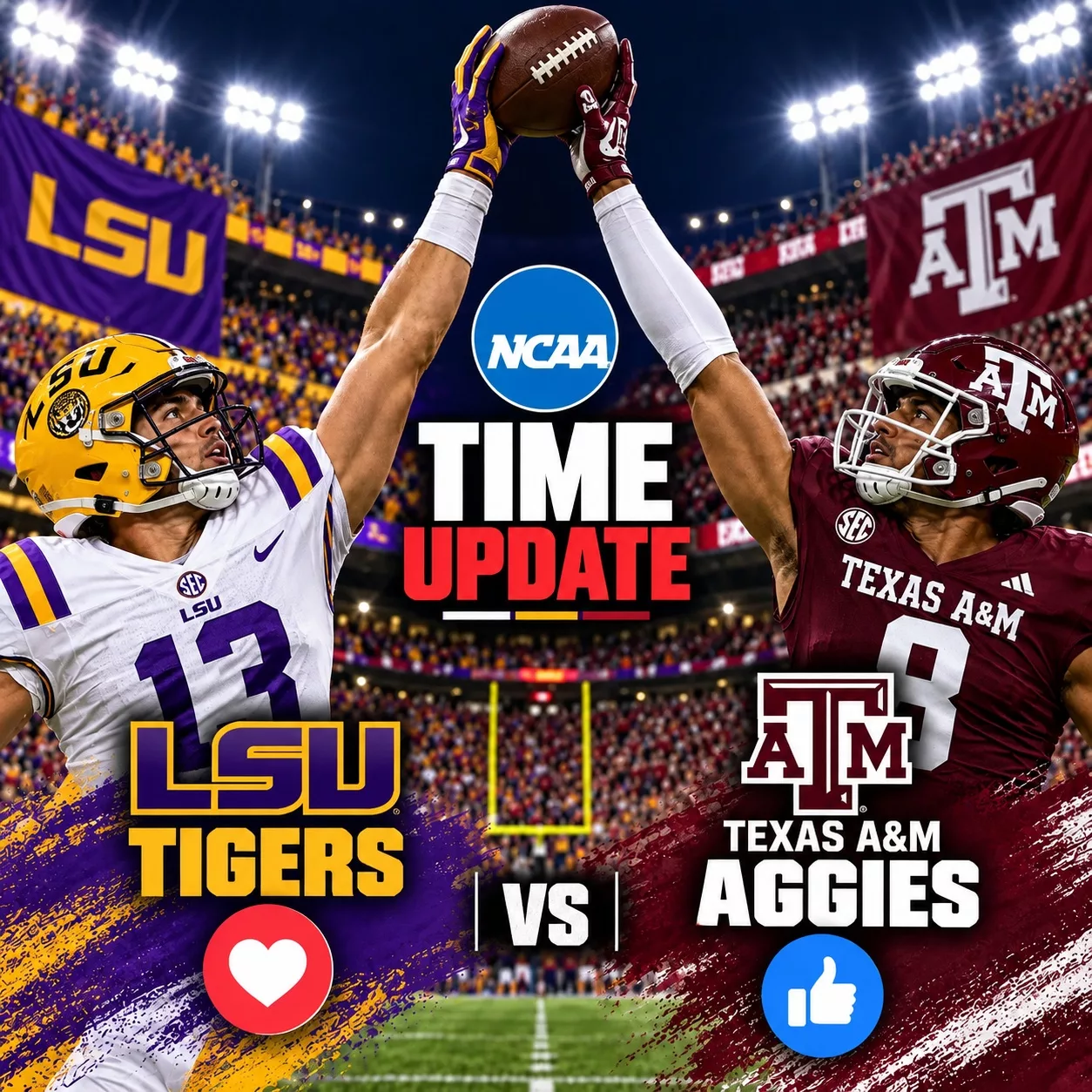 Cover Image for π¨π TIME UPDATE: LSU TIGERS VS. TEXAS A&M AGGIES β TWO SEC RIVALS ARE READY TO TURN SATURDAY NIGHT INTO AN ABSOLUTE BATTLE! π₯ Clear your calendar as LSU and Texas A&M prepare for a high-stakes SEC showdown packed with star power, pressure, and season-changing potential. π EVERYTHING YOU NEED TO KNOW IS IN THE FIRST COMMENT.