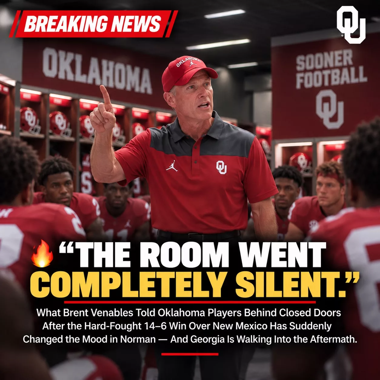 Cover Image for π¨ According to Reports, Brent Venables Delivered a Powerful Message to Oklahoma Players Behind Closed Doors After the Soonersβ Hard-Fought 14β6 Victory Over New Mexico β And What He Told the Team Ahead of Georgia Has Quickly Become the Biggest Talking Point Before Saturdayβs Showdown in Athensβ¦