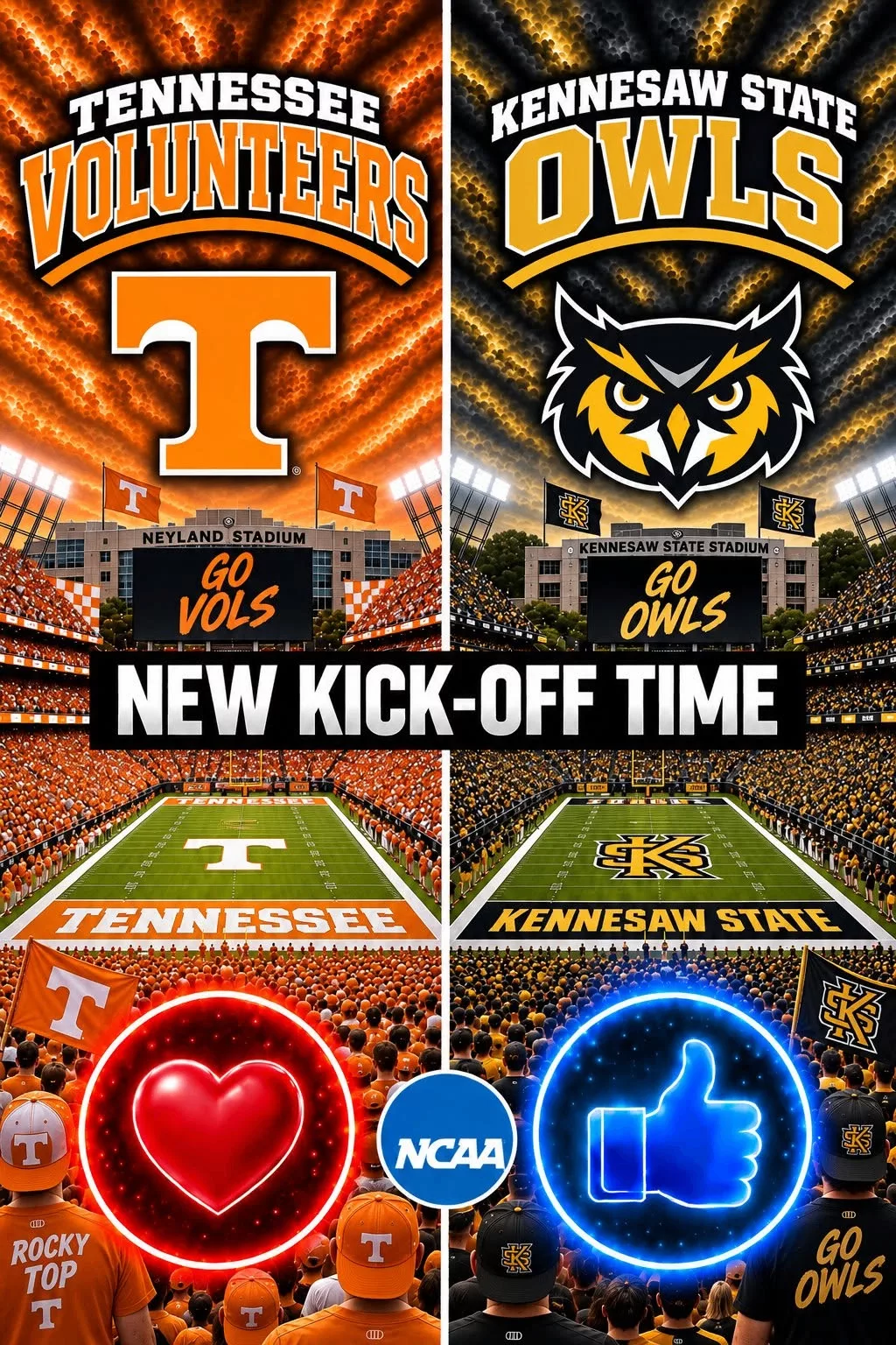 Cover Image for 🔥 “CANCEL YOUR SATURDAY PLANS!” — COLLEGE FOOTBALL DROPS A SCHEDULE BOMB: Tennessee Volunteers vs. Kennesaw State Owls Set to Shake the Season 🔥