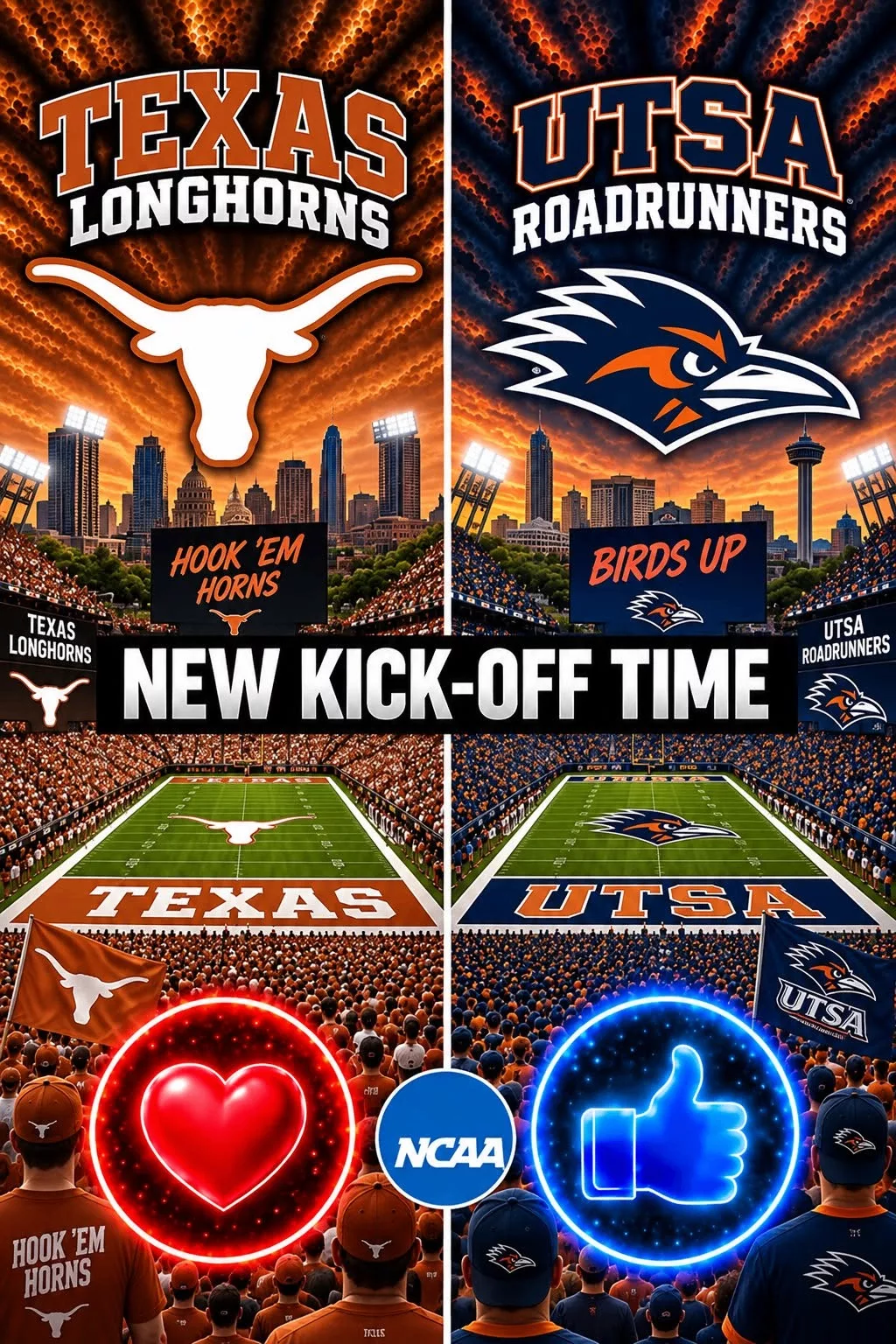 Cover Image for 🔥 “CANCEL YOUR SATURDAY PLANS!” — COLLEGE FOOTBALL DROPS A SCHEDULE BOMB: Texas Longhorns vs. UTSA Roadrunners Set to Shake the Season 🔥