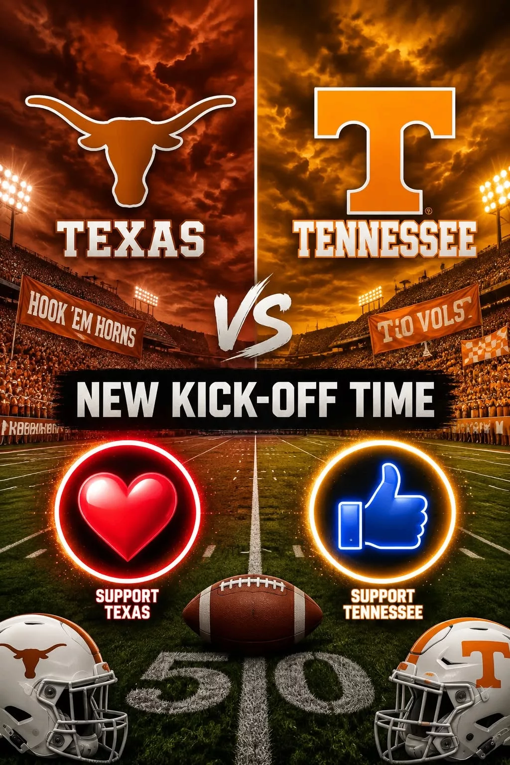 Cover Image for βCANCEL YOUR SATURDAY PLANSβ: NCAA officially announces the kickoff time for Texas Longhorns vs. Tennessee Volunteers!
