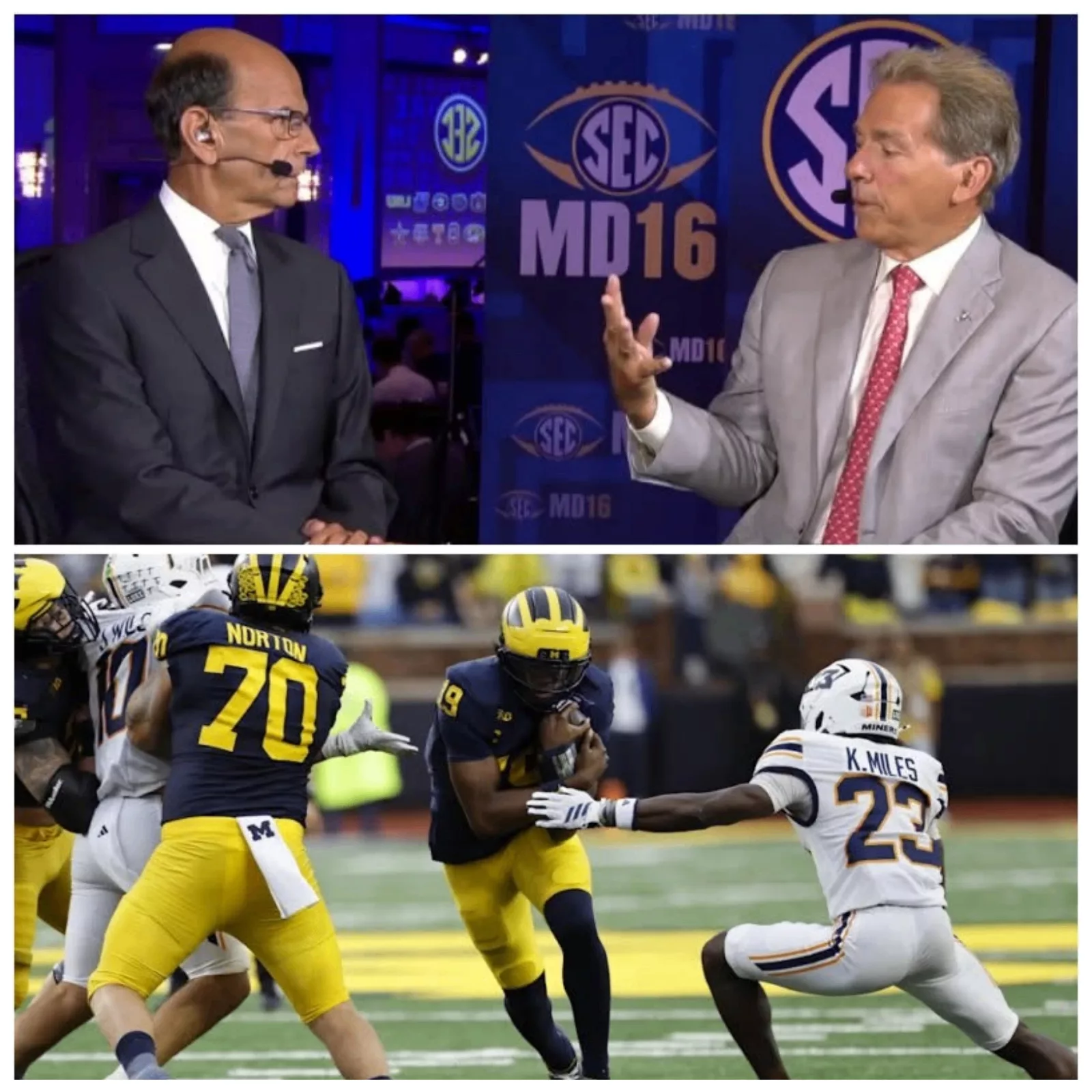 Cover Image for The ESPN studio nearly turned into a “war zone” on Saturday night when Paul Finebaum and Nick Saban clashed in a heated debate over the Michigan Wolverines’ 38–7 victory over the UTEP Miners. What began as a routine postgame discussion quickly escalated into a fiery confrontation that had everyone in the studio paying attention.