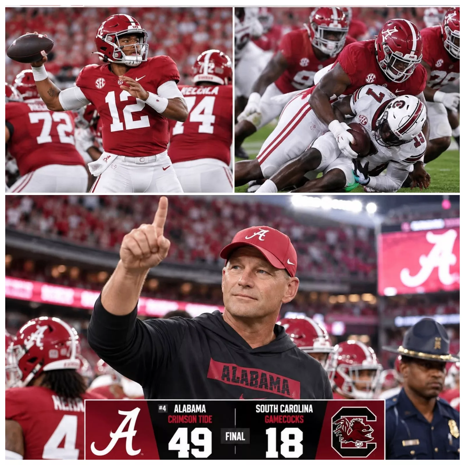 Cover Image for After the Alabama Crimson Tide’s commanding 49–18 victory over the South Carolina Gamecocks, the stadium didn’t just celebrate — it erupted with pride, emotion, and belief.