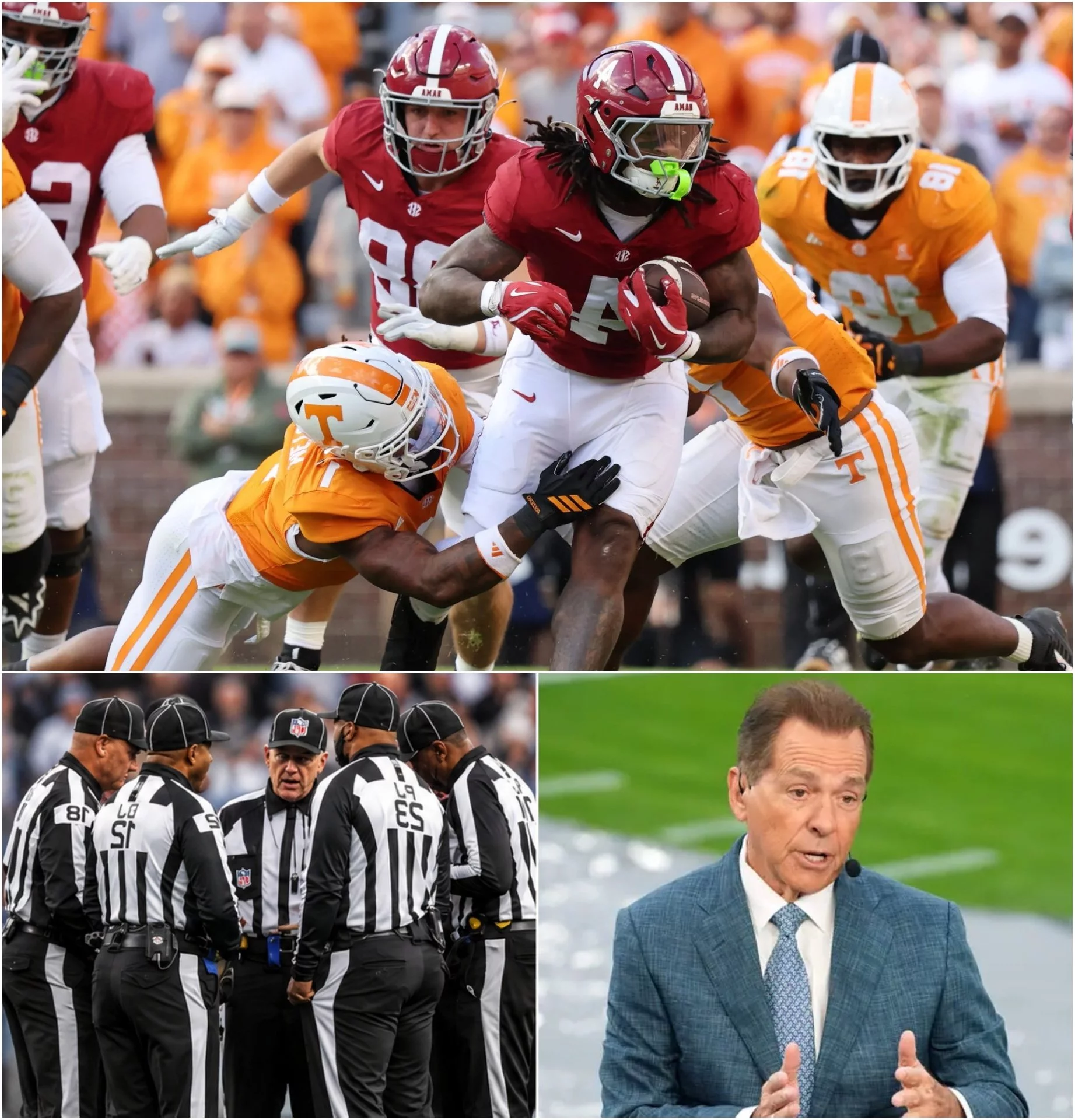 Cover Image for Nick Saban slammed the officials immediately after the game, stating, “This wasn’t just a loss for the Alabama Crimson Tide. This was a game where Tennessee was given every opportunity to control the momentum.”